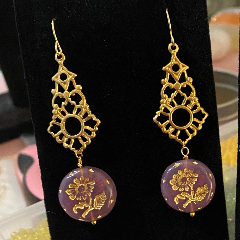 Elegant Gold and Purple Floral Earrings